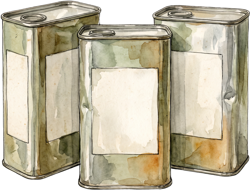 Illustratie van drie blanco olieblikken, zonder etiket of herkomst