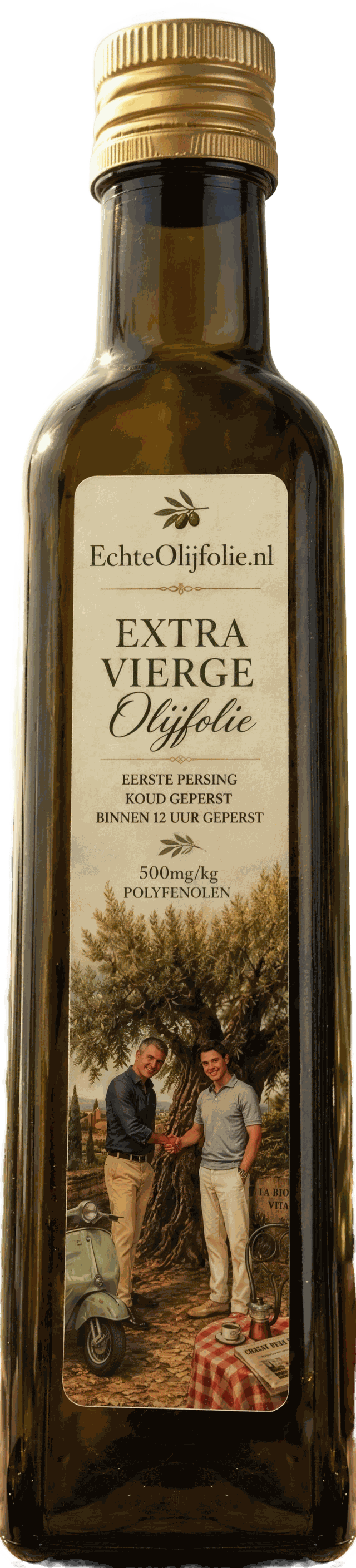 Fles extra vierge olijfolie van EchteOlijfolie.nl met het eigen etiket