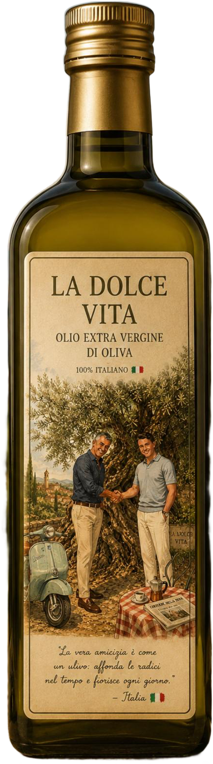 Fles Puro Puglia extra vierge olijfolie met het label van de familie