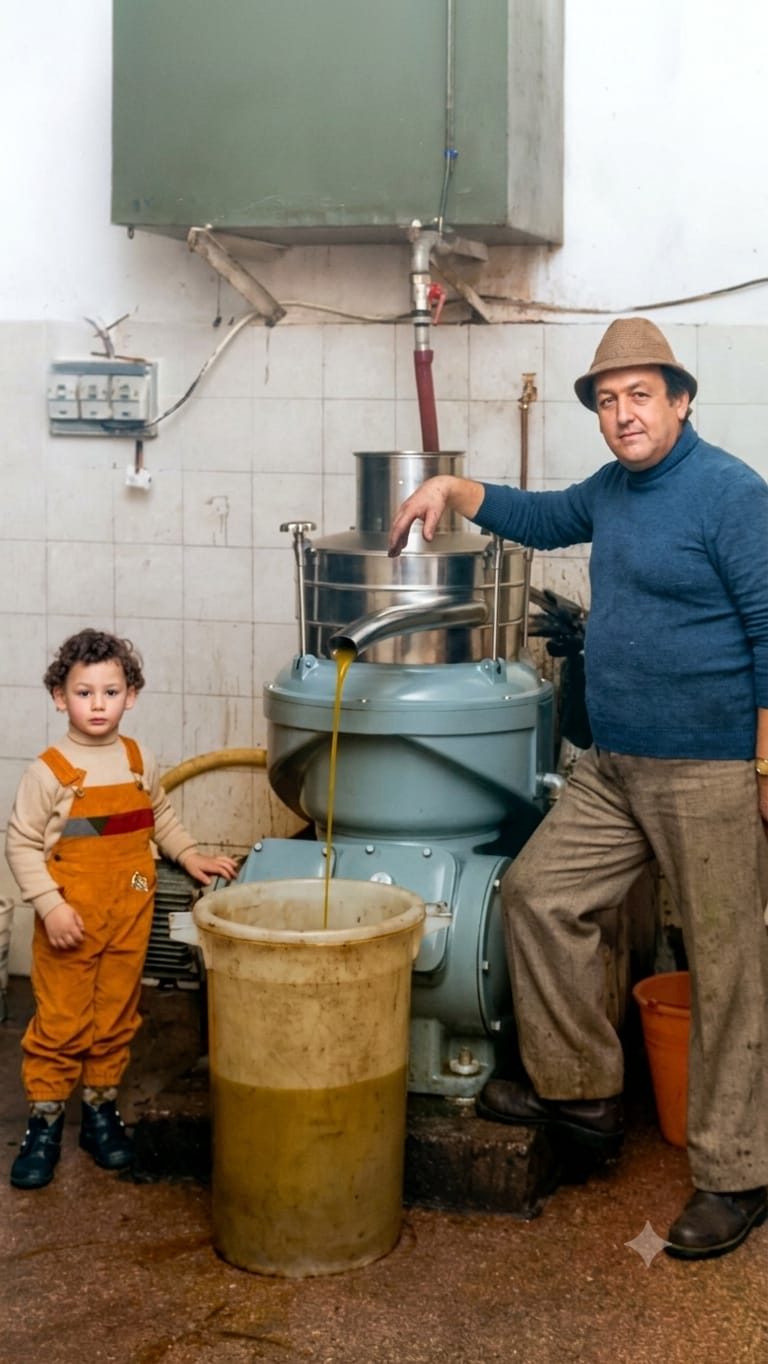 Een jongetje in oranje tuinbroek staat naast zijn vader bij de centrifuge in de molen, terwijl de verse olijfolie in een emmer loopt