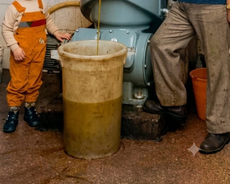 Verse olijfolie stroomt uit de centrifuge in een emmer, met links de laarzen en tuinbroek van een klein kind en rechts de werkbroek van zijn vader