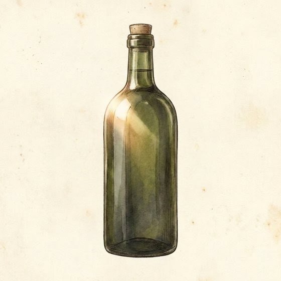 Tekening van een donkergroene glazen fles met kurk, waar het licht op de schouder weerkaatst