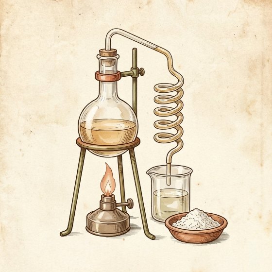 Tekening van een raffinageopstelling: een glazen kolf boven een brander, een koelspiraal naar een beker met kleurloze olie, en een schaaltje witte bleekaarde