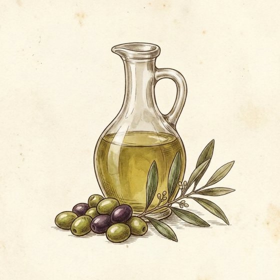 Tekening van een glazen kan met goudgroene olijfolie, met verse olijven en een olijftakje ervoor