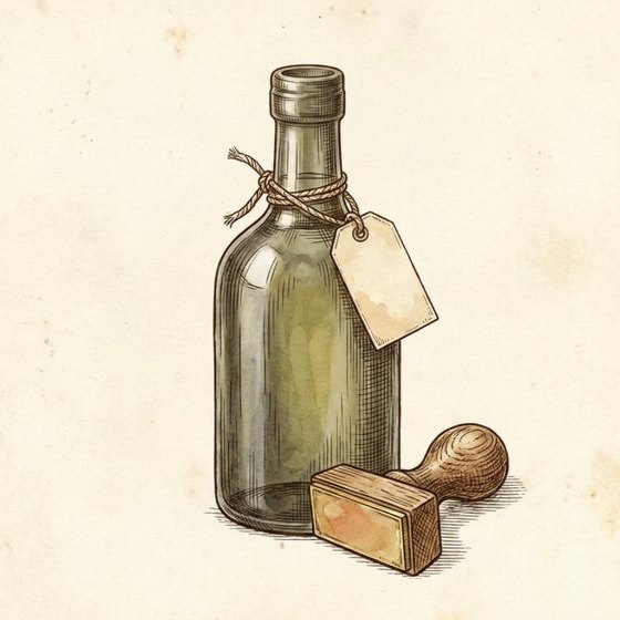 Tekening van een donkere olijfoliefles met een blanco label aan een touwtje en een houten stempel ernaast