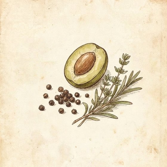Tekening van een doorgesneden groene olijf met peperkorrels en verse kruiden ernaast