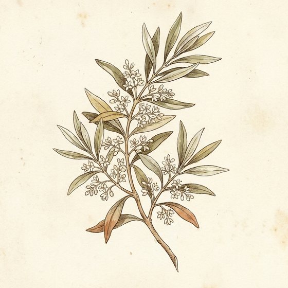 Getekende olijftak vol kleine witte bloesems