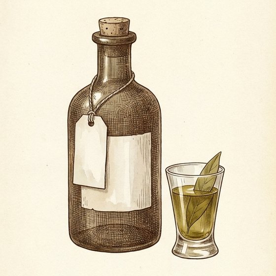 Getekende fles olijfolie naast een glaasje verse groene olie
