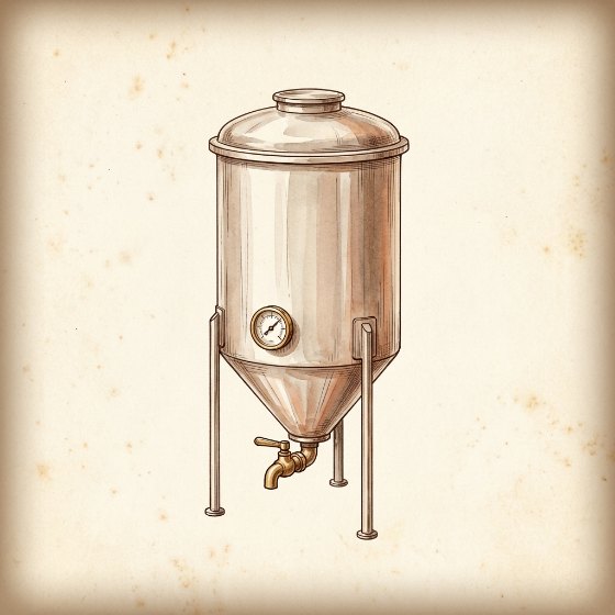Tekening van een afgesloten roestvrijstalen opslagtank met een bolle deksel, een thermometer op de voorkant en een kraantje onderaan