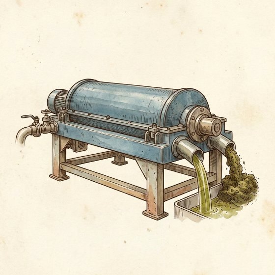 Tekening van een decanter: een liggende blauwe cilinder op een stalen frame, met aan het uiteinde twee tuiten waaruit olie en perskoek lopen