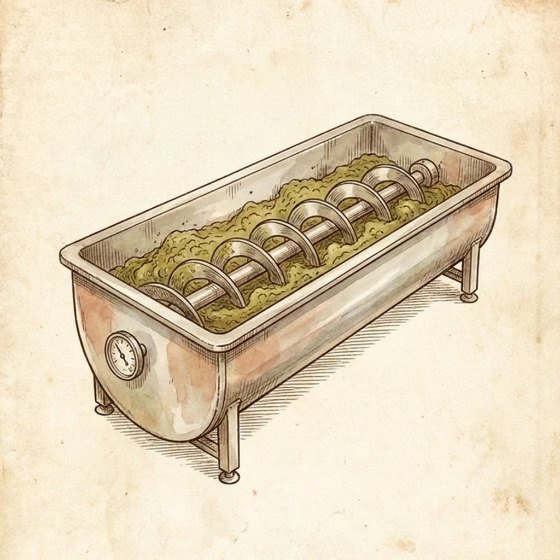 Tekening van een malaxeur: een lange liggende trog met een draaiende schroefas erin, gevuld met olijfpasta, met een temperatuurmeter op de kopwand