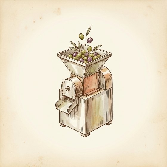 Tekening van een olijfmolen: een staande machine met een vierkante vultrechter waarin olijven en blaadjes vallen