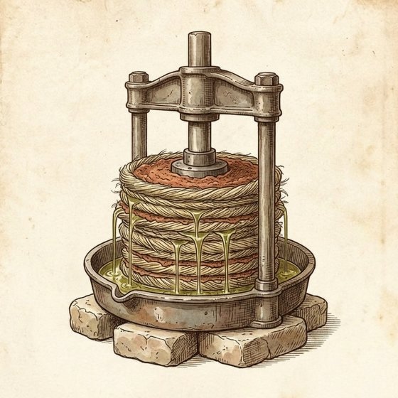 Tekening van een traditionele olijfpers: een stapel ronde matten met olijfpasta onder een hydraulische perskop, met olie die langs de randen in een schaal loopt