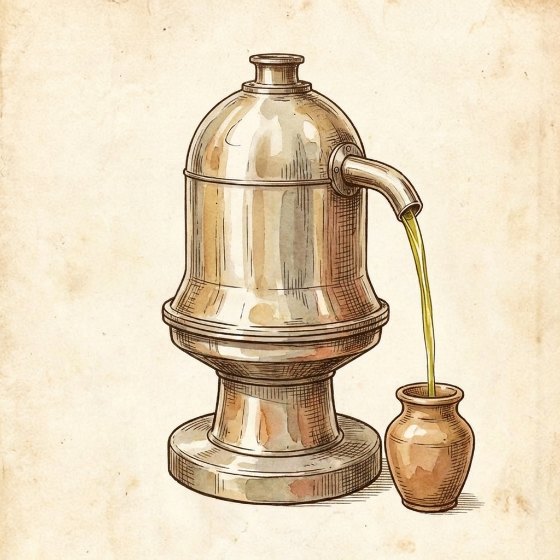 Tekening van een schotelseparator: een rechtopstaande klokvormige machine op een ronde voet, met een tuit waaruit een groengele straal olie in een kruikje loopt