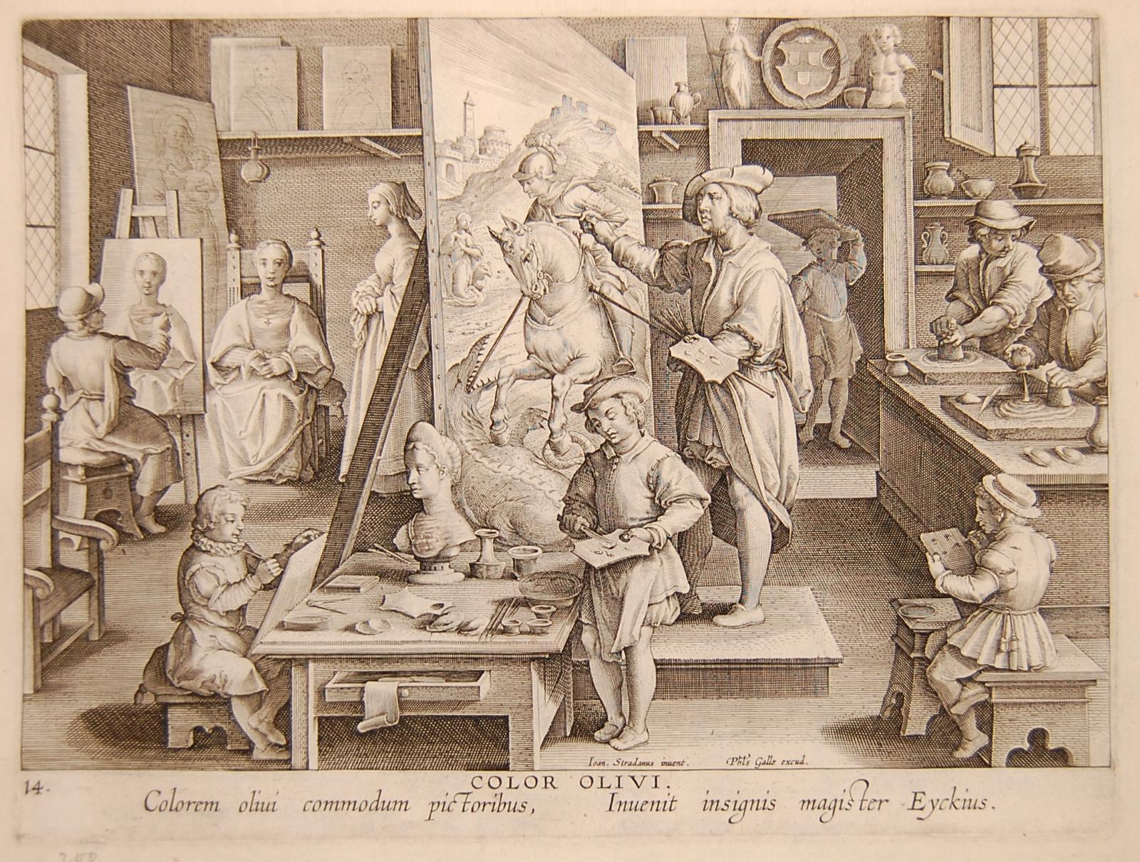 Prent uit omstreeks 1590 met het oogsten van olijven en het persen ervan tot olie