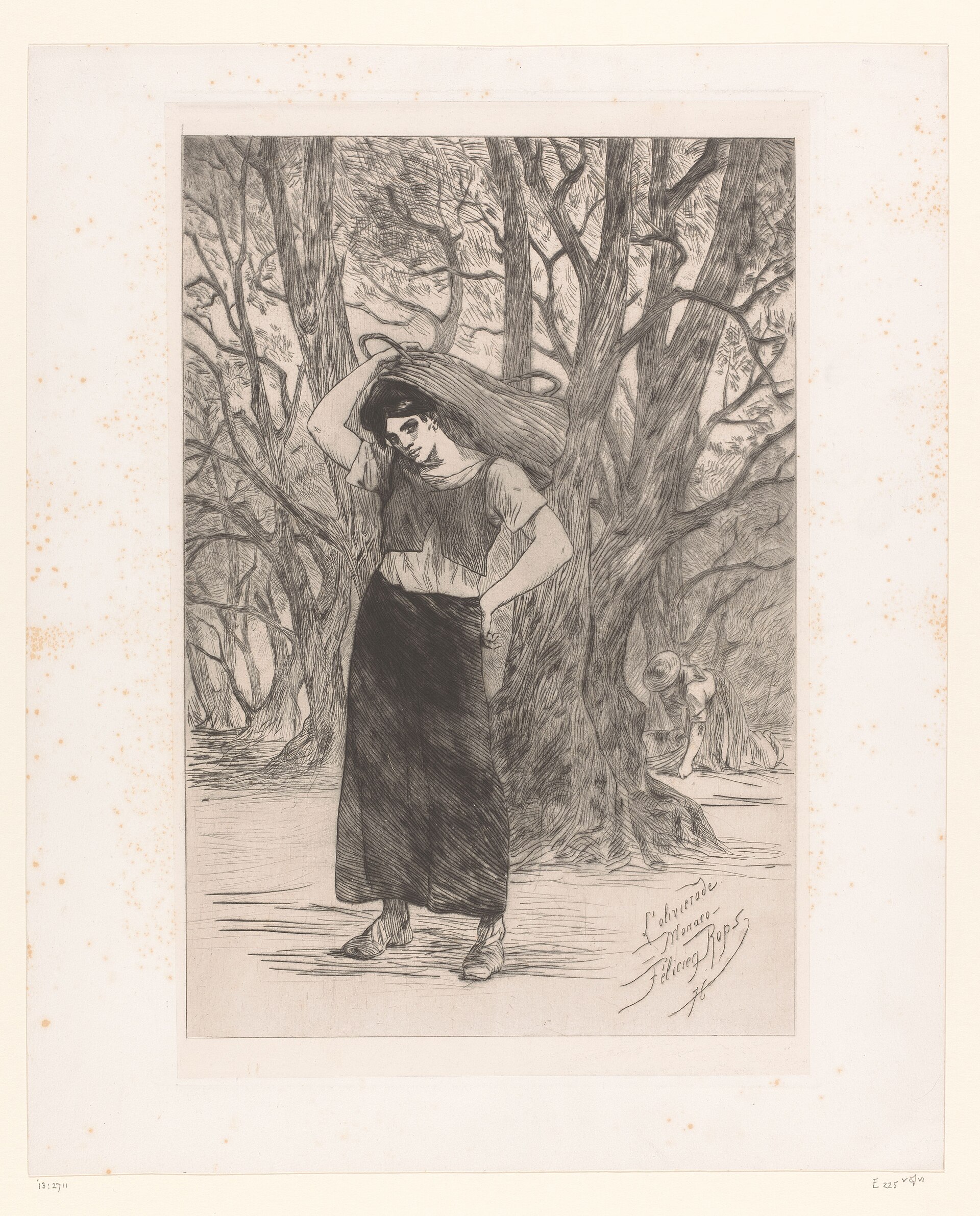 Ets uit 1876 van een vrouw die olijven plukt en een mand op haar hoofd draagt